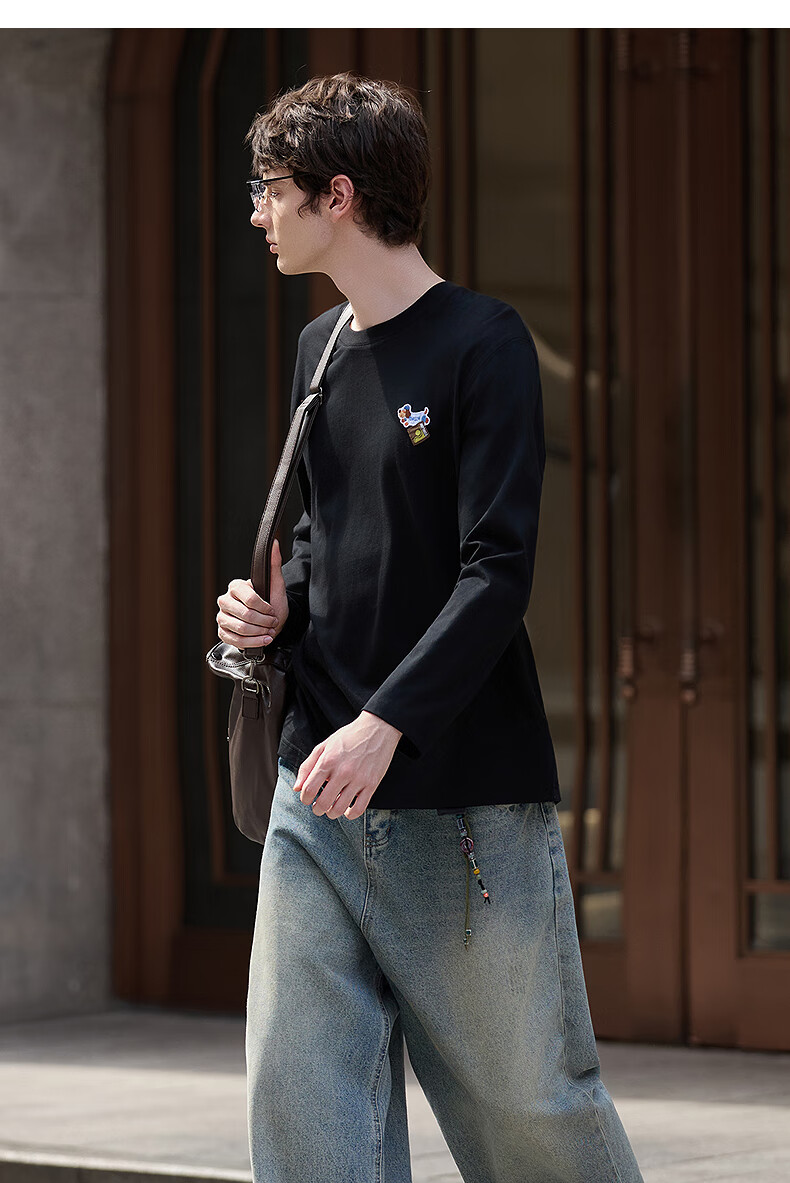 TonLion Spring And Autumn 2026 New Long-Sleeve T-Shirt for Men, Loose-Fitting Sausage Pattern Round Neck Top, Inner Layer Solid Color Undershirt 8