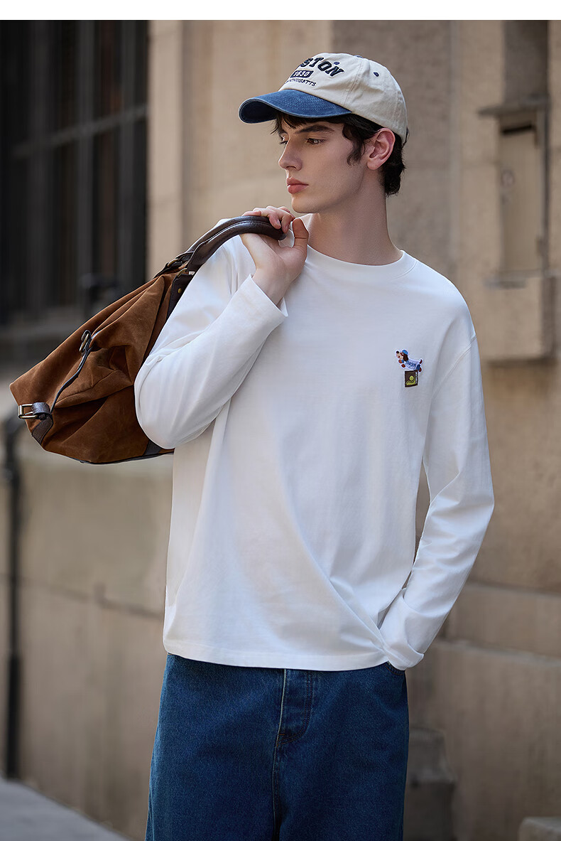 TonLion Spring And Autumn 2026 New Long-Sleeve T-Shirt for Men, Loose-Fitting Sausage Pattern Round Neck Top, Inner Layer Solid Color Undershirt 11