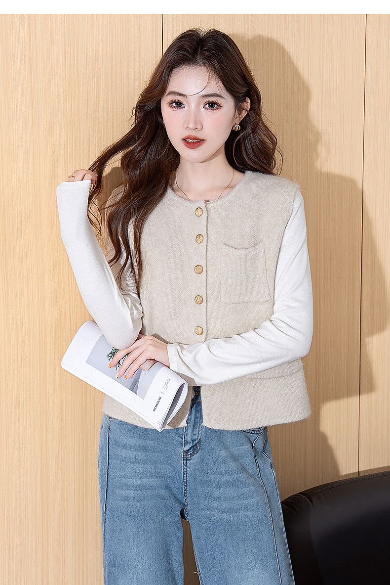 TonLion 2025 Autumn Winter Simple Round Neck Cardigan Vest for Women 6