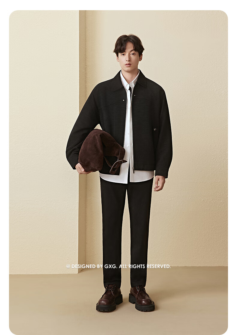 GXG Men's Oversized Executive Suede Jacket with Studded Placket Casual Lapel Coat Black 180/XL 4