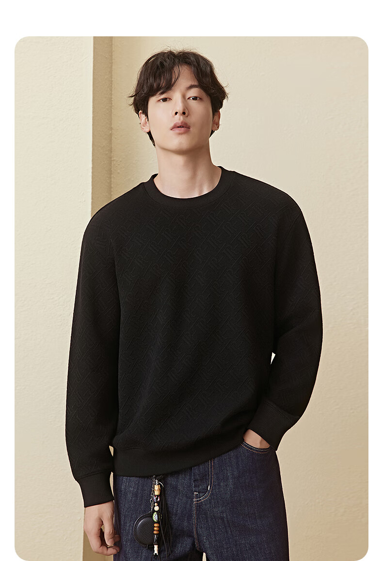 GXG Men's Round Neck Sweatshirt, Two-Tone Textured Jacquard, Long-Sleeve Inner Layer Top, Black, 180/XL 1