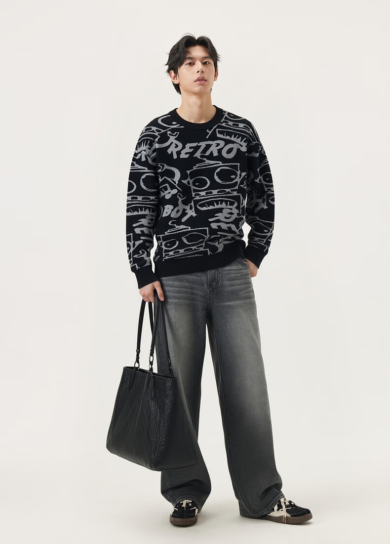 Gxg.jeans Men's Casual Loose Fit Sweater with Fun Pattern, Crew Neck Knitwear, Fall/Winter 2025 New, Black, Size 170/M 7