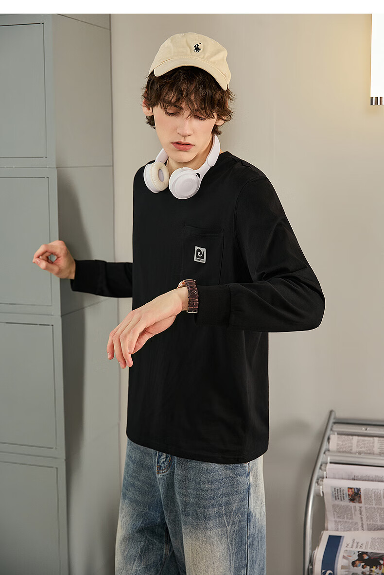 TonLion 2025 Autumn Men's T-Shirt with Large Left Chest Pocket, Zipper Logo Design, Round Neck, Long Sleeve 8