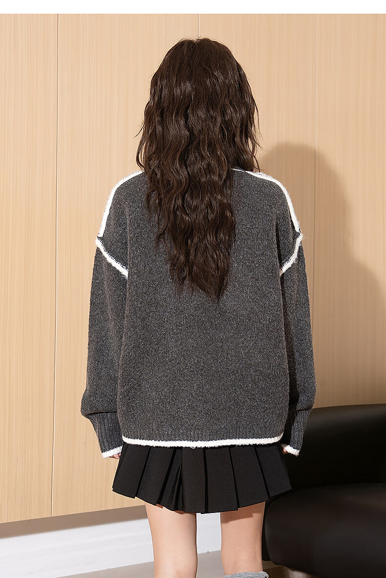 TANGSHI 2025 Autumn Winter Women's Crew Neck Contrasting Stitch Design High-Low Knit Sweater 7