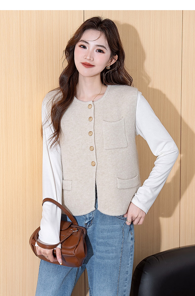 TonLion 2025 Autumn Winter Simple Round Neck Cardigan Vest for Women 3