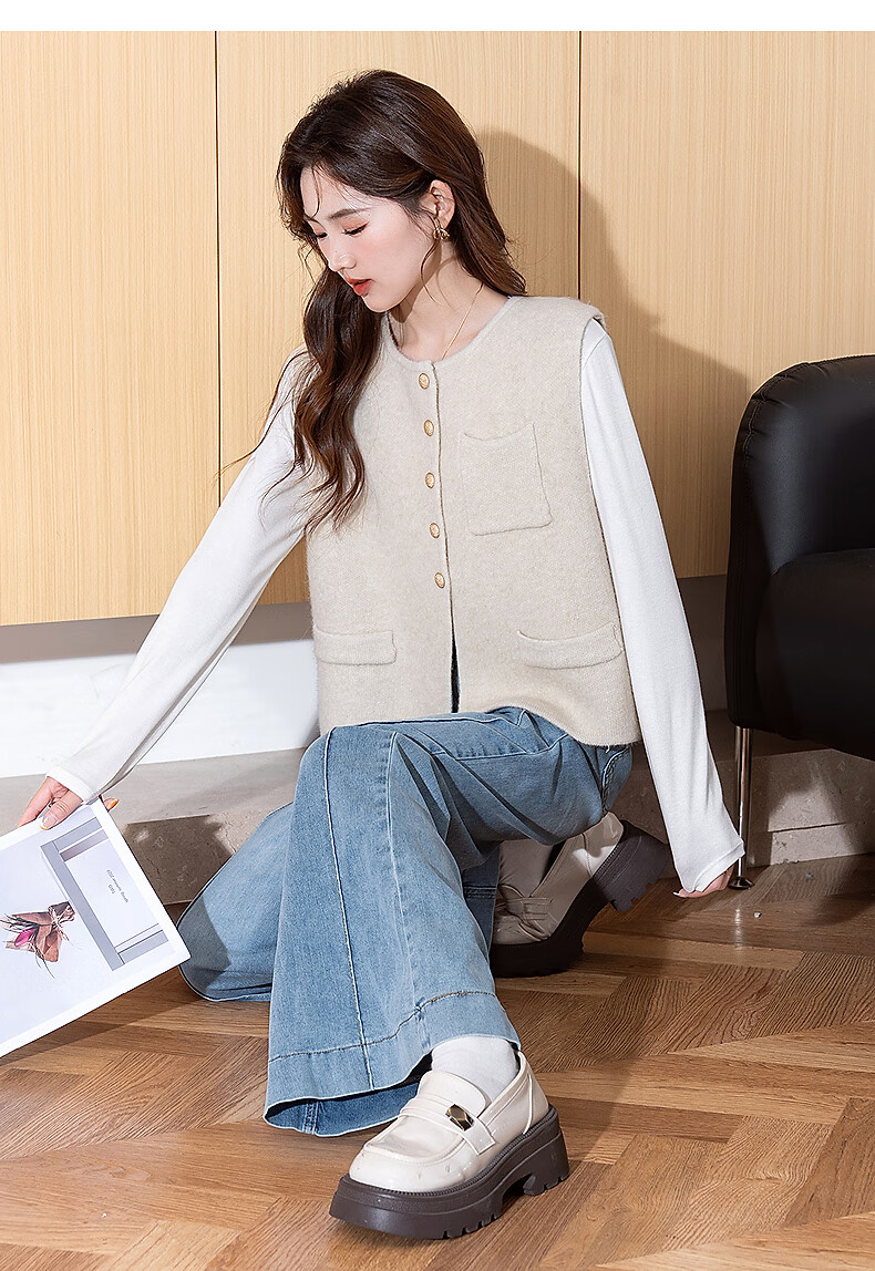 TonLion 2025 Autumn Winter Simple Round Neck Cardigan Vest for Women 8