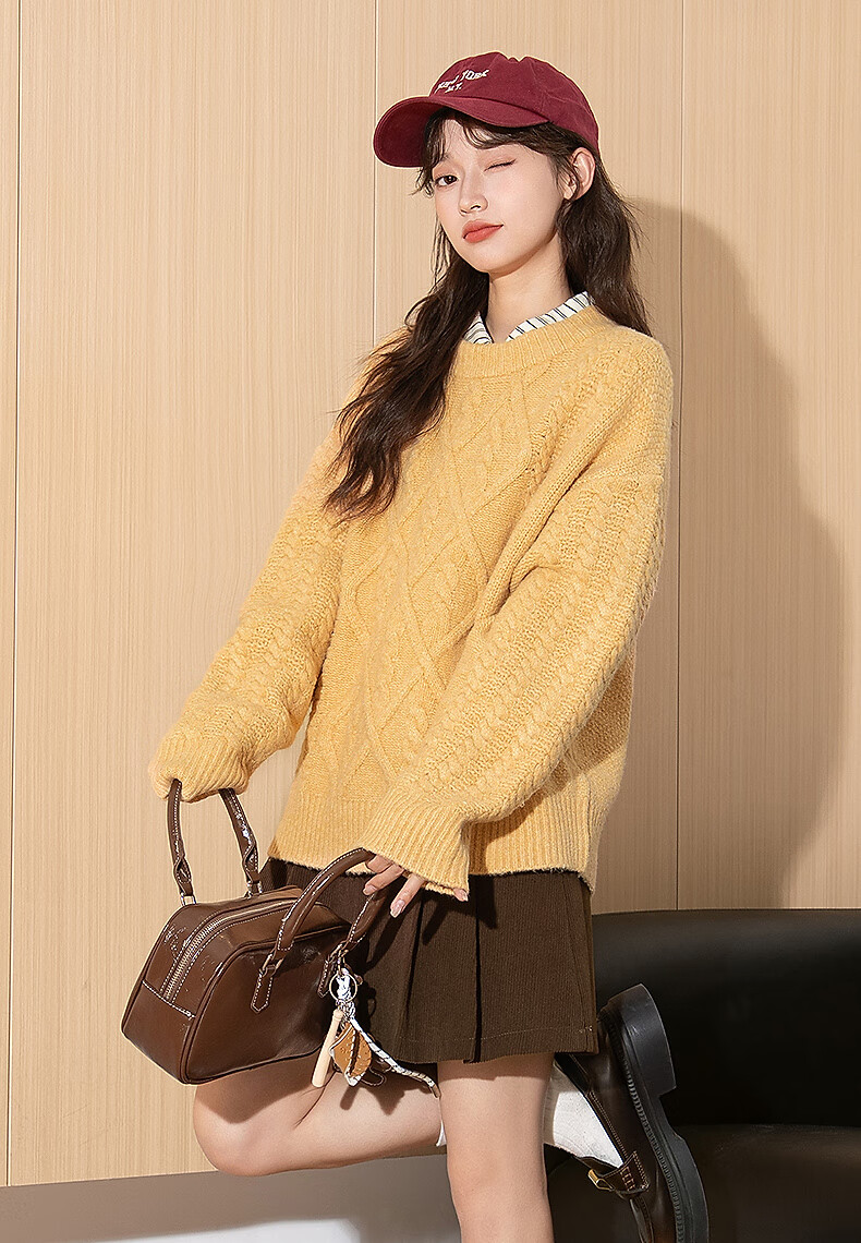 TonLion 2025 Autumn Winter Women's Crew Neck Solid Color Cable Knit Sweater 2