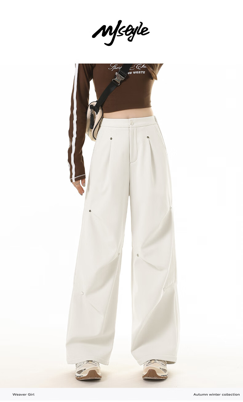 MJ STYLE Studded Work Pants for Women 2026 Winter New Fleece-Lined Warm Cool Wide-Leg Straight-Leg Paratrooper Casual Pants 2