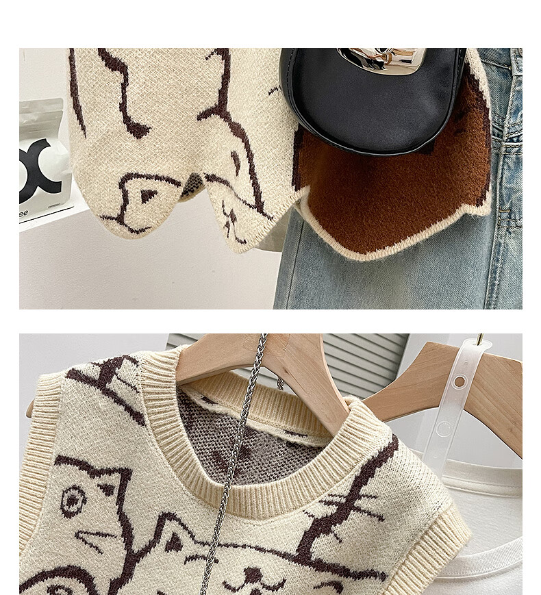 TonLion 2025 Autumn Winter Fun Cartoon Pattern Wavy Women's Crew Neck Pullover Vest 3