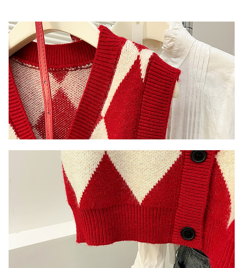 TonLion 2025 Autumn Winter Simple Diamond Pattern V-Neck Cardigan Red Vest Women's Outerwear High-End Versatile Fashion 3