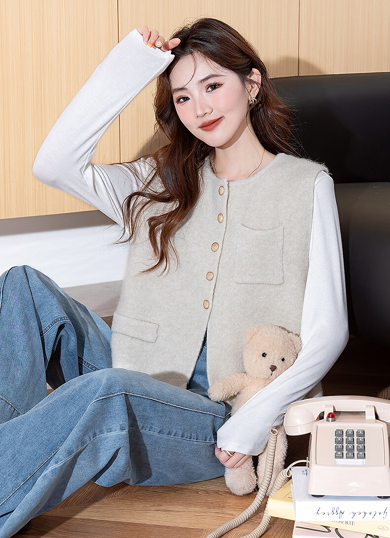 TonLion 2025 Autumn Winter Simple Round Neck Cardigan Vest for Women 2