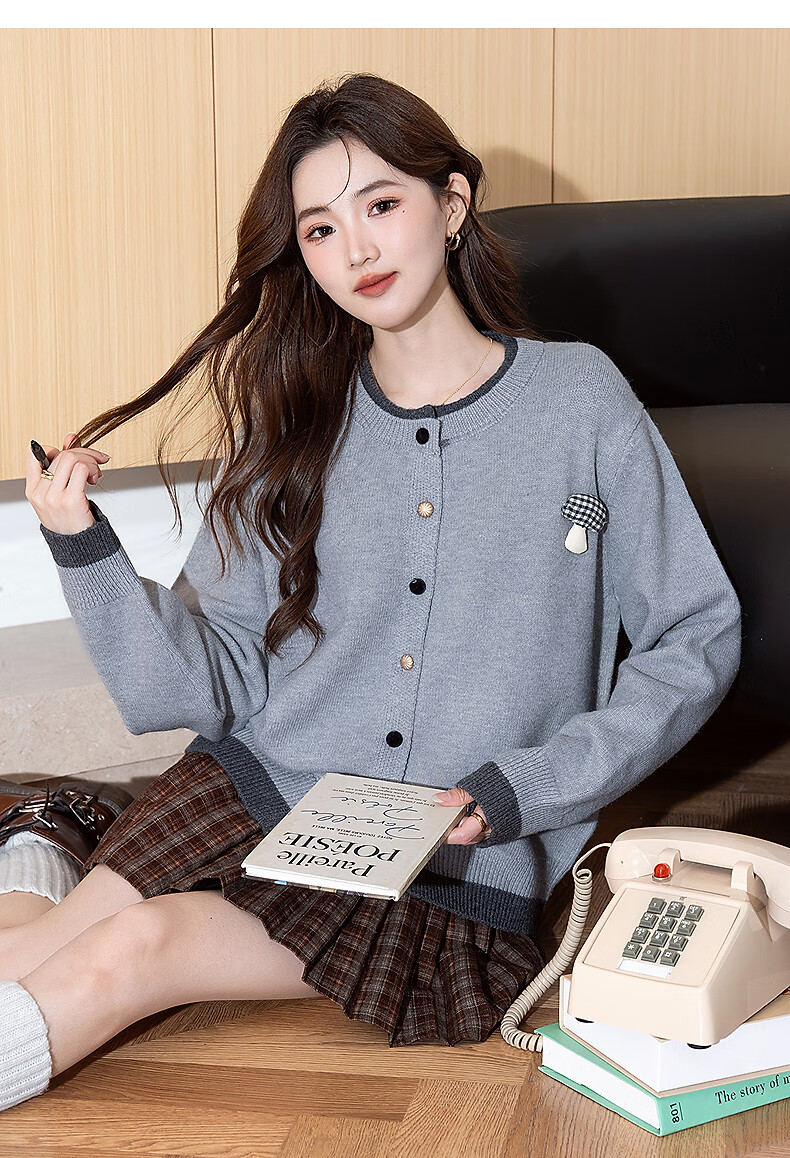 TonLion 2025 Autumn Winter Fun Trim Design Women's Faux Two-Piece Crew Neck Cardigan 7