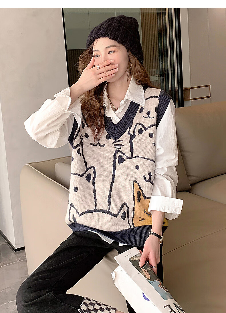 TonLion 2025 Autumn Winter Many Cats V-Neck Women's Pullover Vest 6