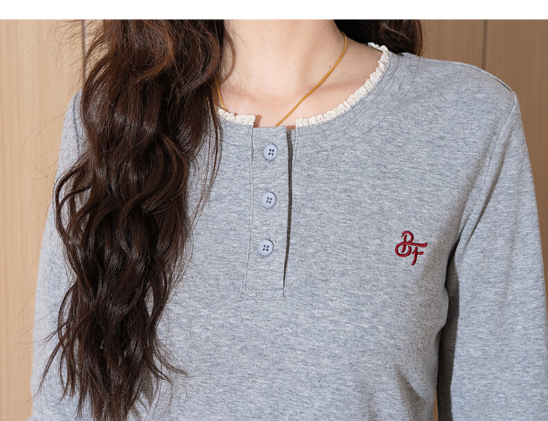 TonLion Autumn And Winter Long-Sleeve T-Shirt for Women, Wearable As Outerwear, Round Neck with Spliced Lace Trim, Slimming Effect 12