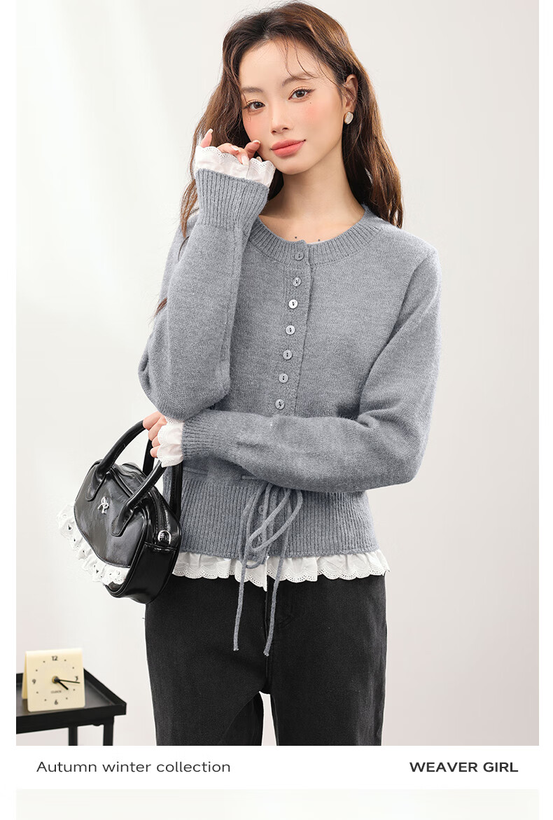 MJ STYLE Faux Two-Piece Lace Knit Sweater Women 2026 Autumn Winter New Slim Waist Petite Short Cardigan Jacket Top 5