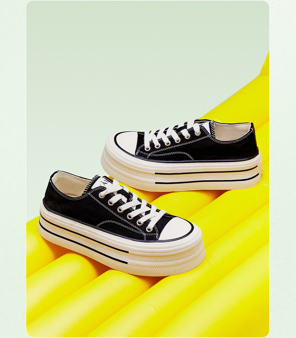 TATA Rainbow Thick-Soled Canvas Shoes for Women, Breathable Black Sneakers, Casual White Shoes WP801AM5 Black, Size 37 5
