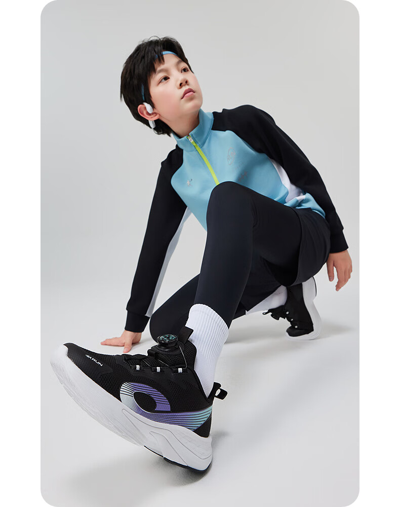 QIAODAN Boys Sports Shoes Kids Running Shoes Autumn Spring Twist Buckle Black/Miku Green Size 36 7