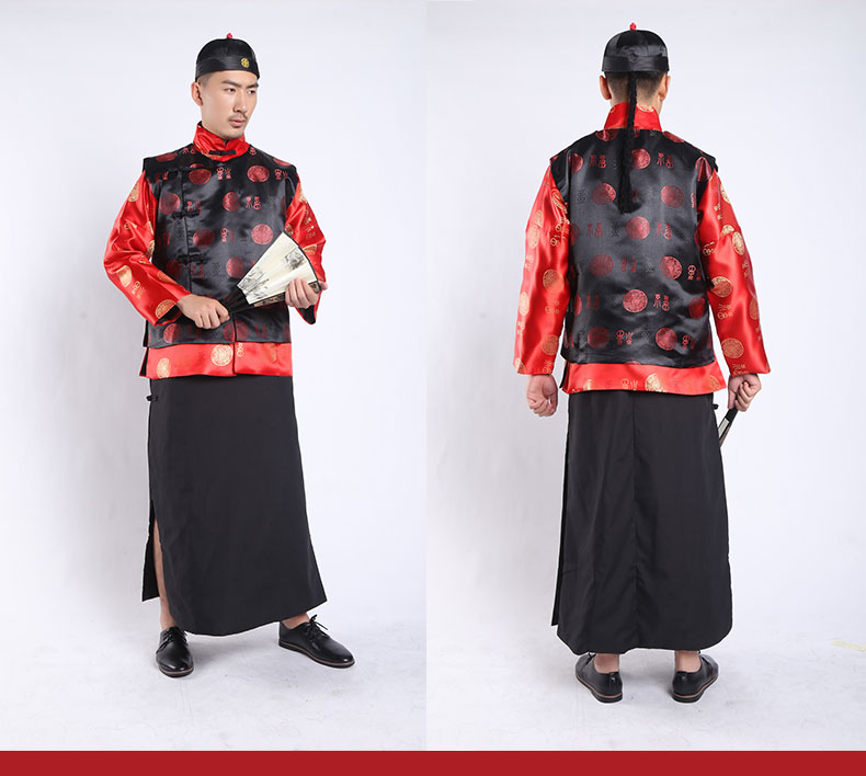 民国中式唐装地主服装复古代长衫演出服套装清朝财主老爷衣服喜庆 黑