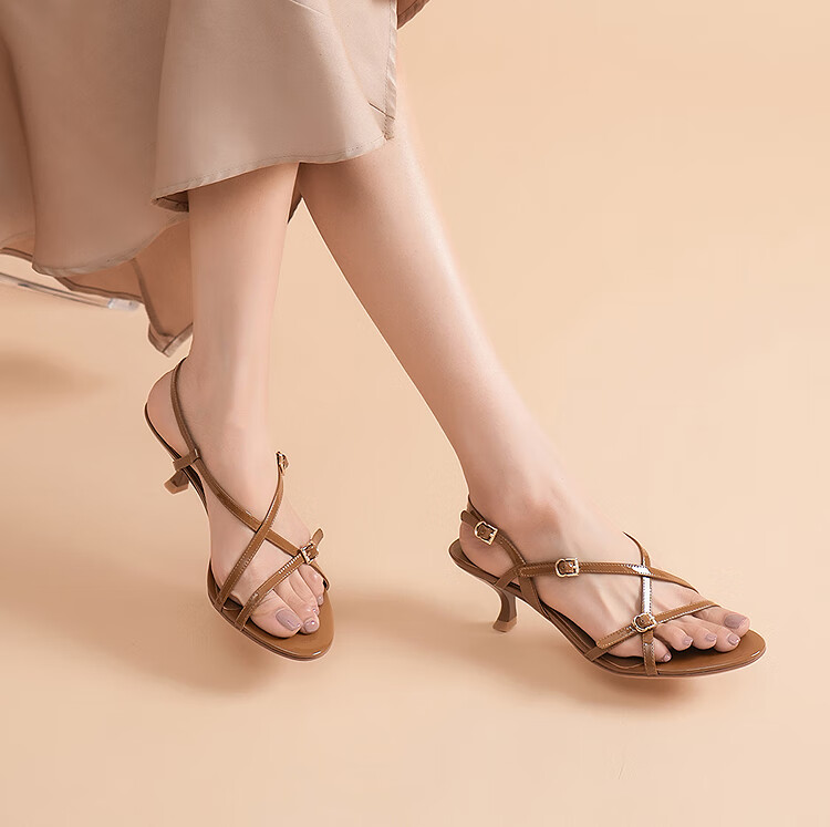 Le Saunda Queen Aura Mid-Heel Single Strap Sandals Women 6M58202 Amber Brown BRP 38 3