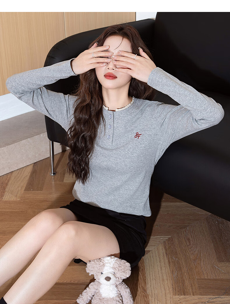 TonLion Autumn And Winter Long-Sleeve T-Shirt for Women, Wearable As Outerwear, Round Neck with Spliced Lace Trim, Slimming Effect 4