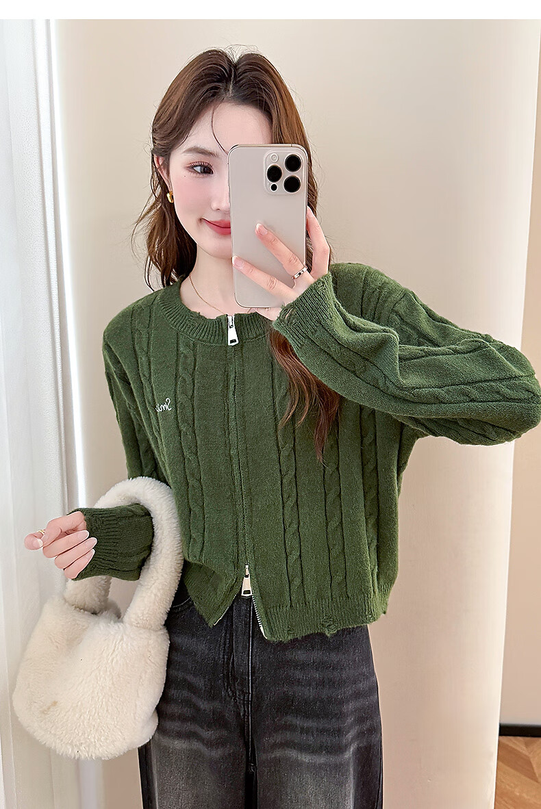 TonLion 2025 Autumn Winter Women's Cable Knit Zipper Round Neck Cardigan 6