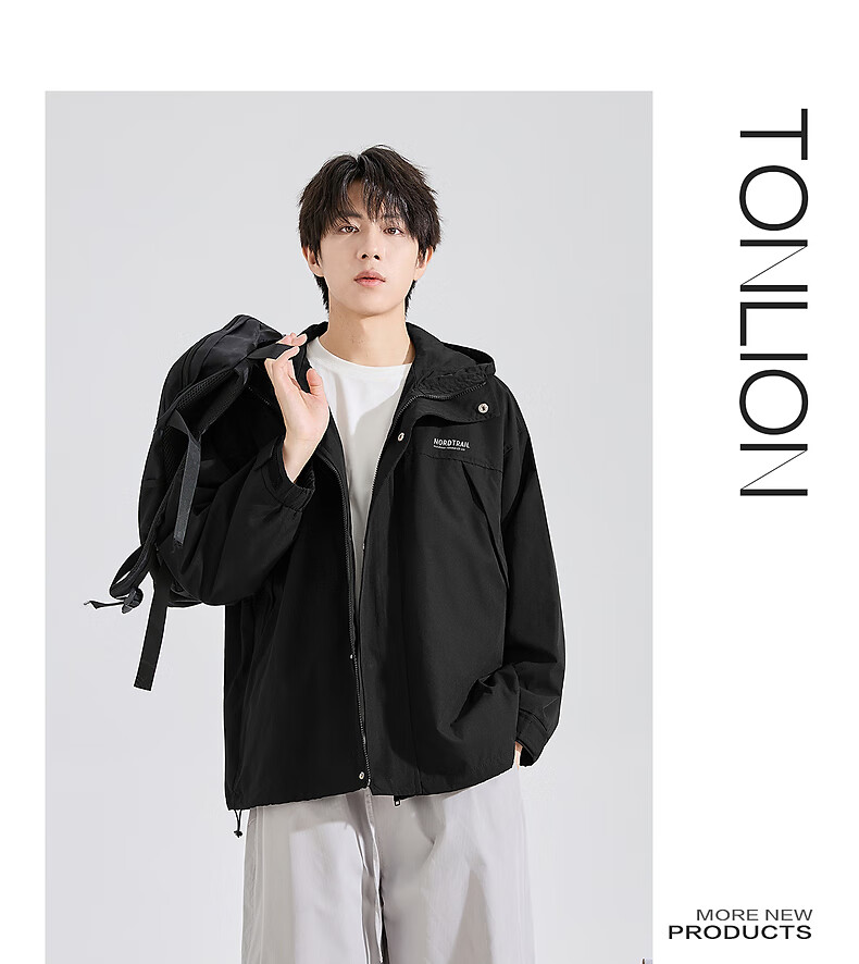 TonLion 2026 Autumn Men's Hooded Jacket, Double Pockets, Front Chest Logo, Short Style, Sporty Trendy Youth Outerwear 3