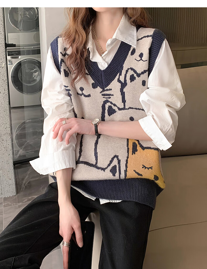 TonLion 2025 Autumn Winter Many Cats V-Neck Women's Pullover Vest 7