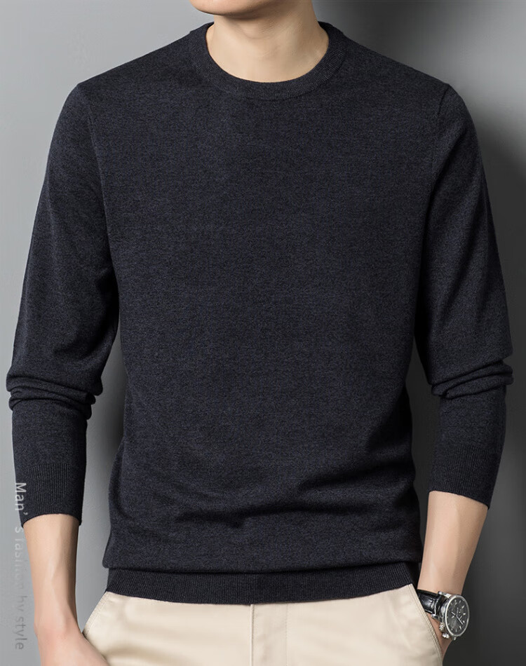 Hengyuanxiang [Wool Included] Spring and Autumn Thin Men's Crew Neck Sweater Middle-aged Knit Base Shirt Solid Color Medium Gray M 20