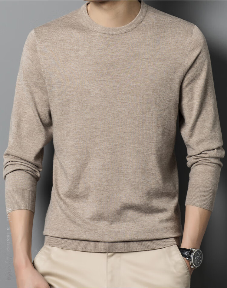 Hengyuanxiang [Wool Included] Spring and Autumn Thin Men's Crew Neck Sweater Middle-aged Knit Base Shirt Solid Color Medium Gray M 17