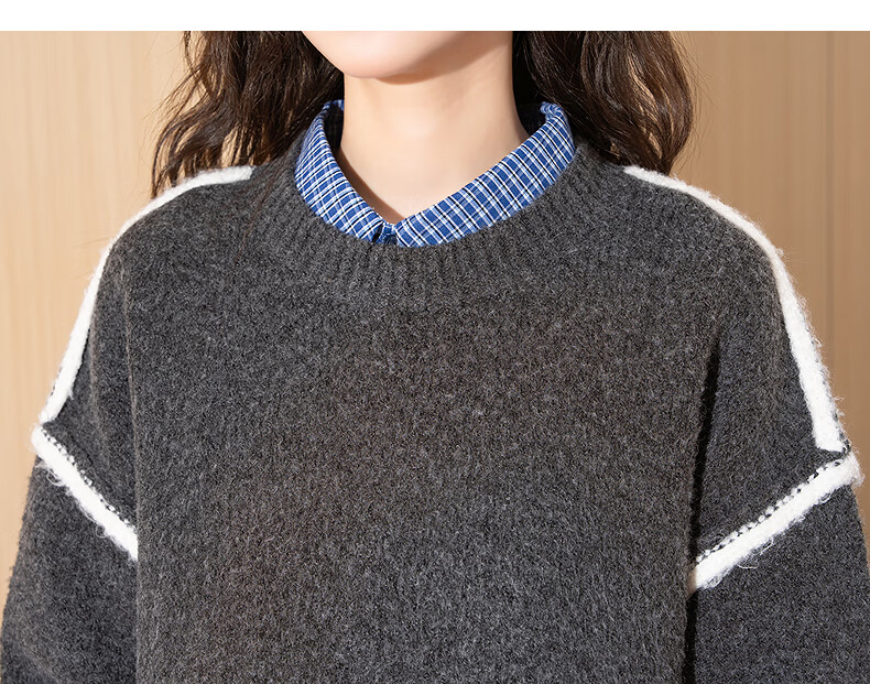 TANGSHI 2025 Autumn Winter Women's Crew Neck Contrasting Stitch Design High-Low Knit Sweater 11