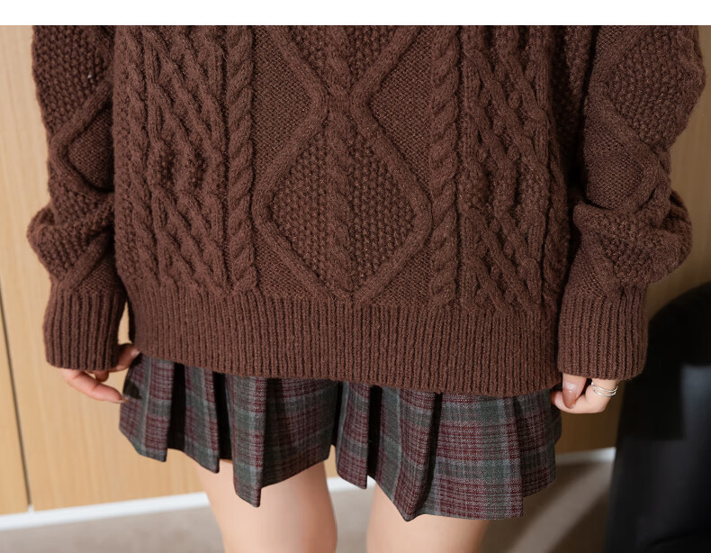 TonLion 2025 Autumn Winter Women's Crew Neck Solid Color Cable Knit Sweater 13