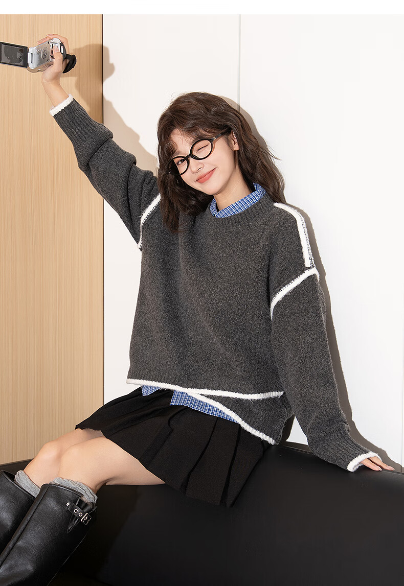 TANGSHI 2025 Autumn Winter Women's Crew Neck Contrasting Stitch Design High-Low Knit Sweater 6