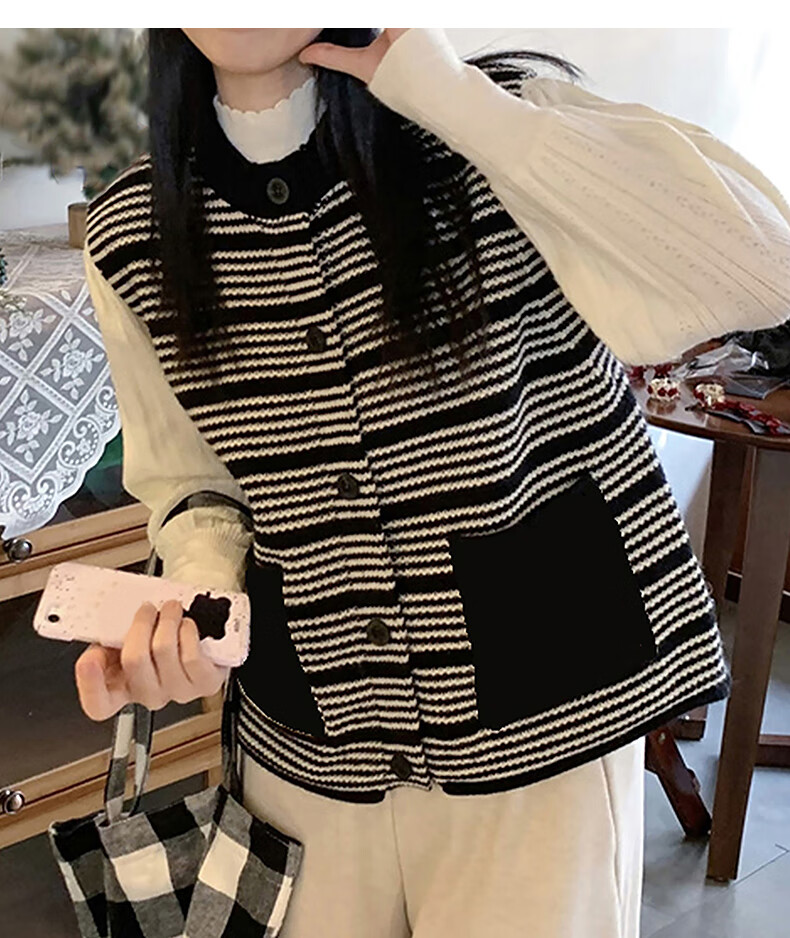 TonLion 2025 Autumn Winter Striped Design Crew Neck Cardigan Vest for Women 7