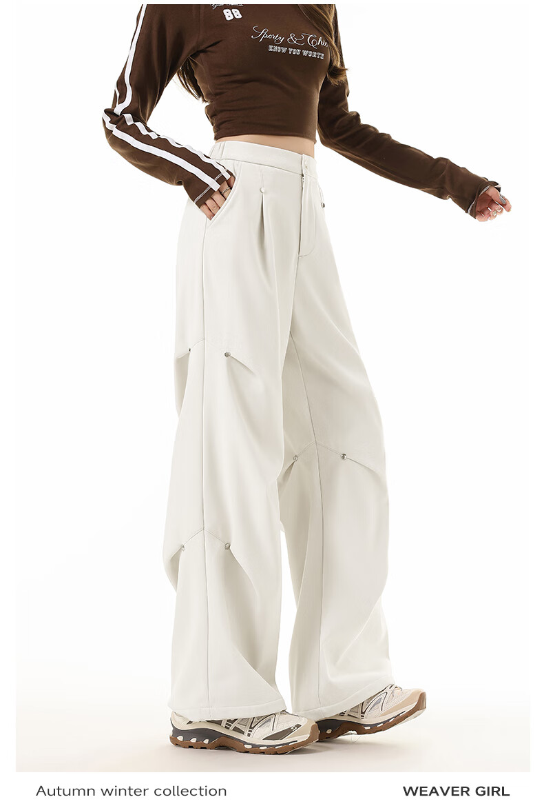 MJ STYLE Studded Work Pants for Women 2026 Winter New Fleece-Lined Warm Cool Wide-Leg Straight-Leg Paratrooper Casual Pants 4