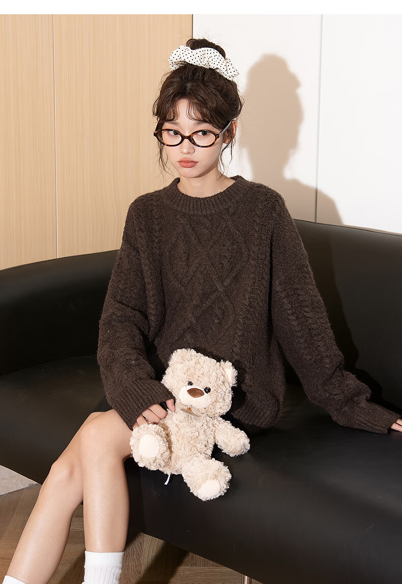 TonLion 2025 Autumn Winter Women's Crew Neck Solid Color Cable Knit Sweater 17