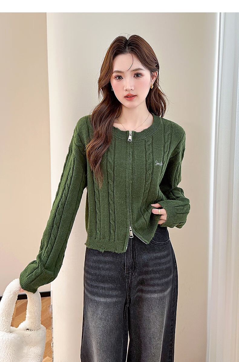 TonLion 2025 Autumn Winter Women's Cable Knit Zipper Round Neck Cardigan 3