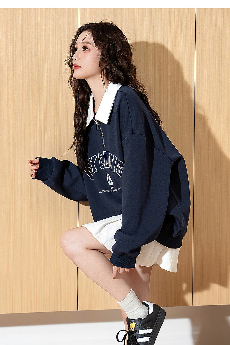 TonLion 2025 Autumn Women's Lapel Color-Block Front Chest College Letter Sweatshirt 9