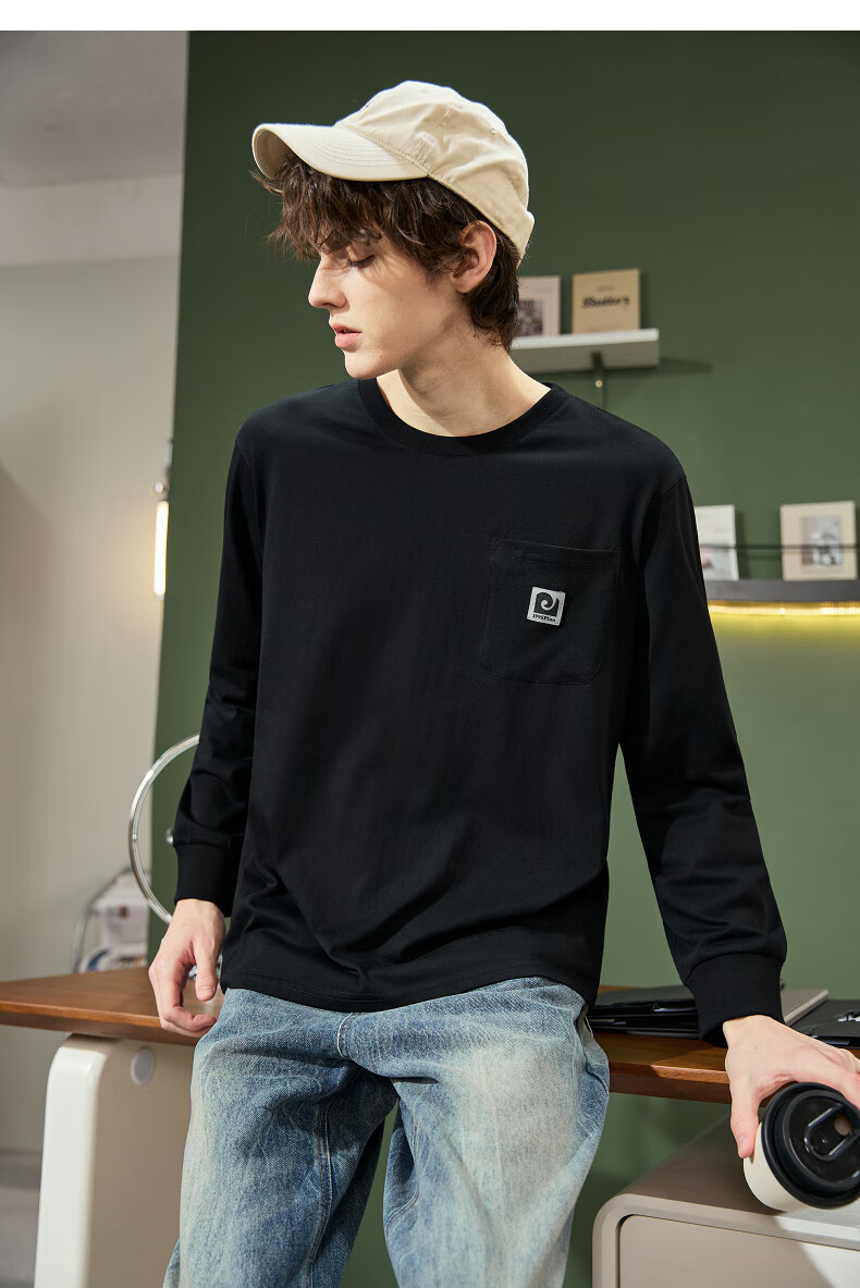 TonLion 2025 Autumn Men's T-Shirt with Large Left Chest Pocket, Zipper Logo Design, Round Neck, Long Sleeve 10