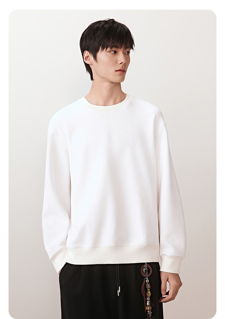 GXG Men's Round Neck Sweatshirt, Two-Tone Textured Jacquard, Long-Sleeve Inner Layer Top, Black, 180/XL 7