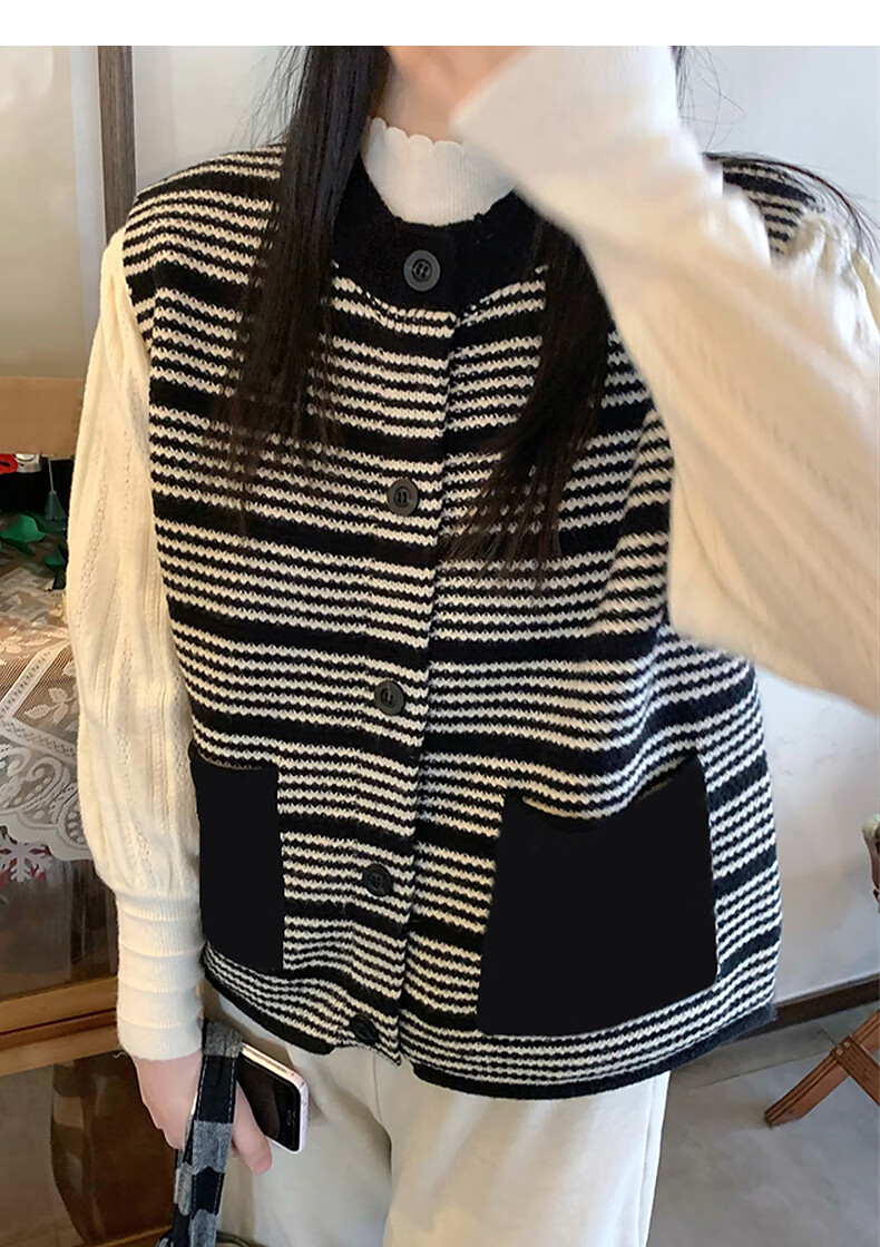 TonLion 2025 Autumn Winter Striped Design Crew Neck Cardigan Vest for Women 4
