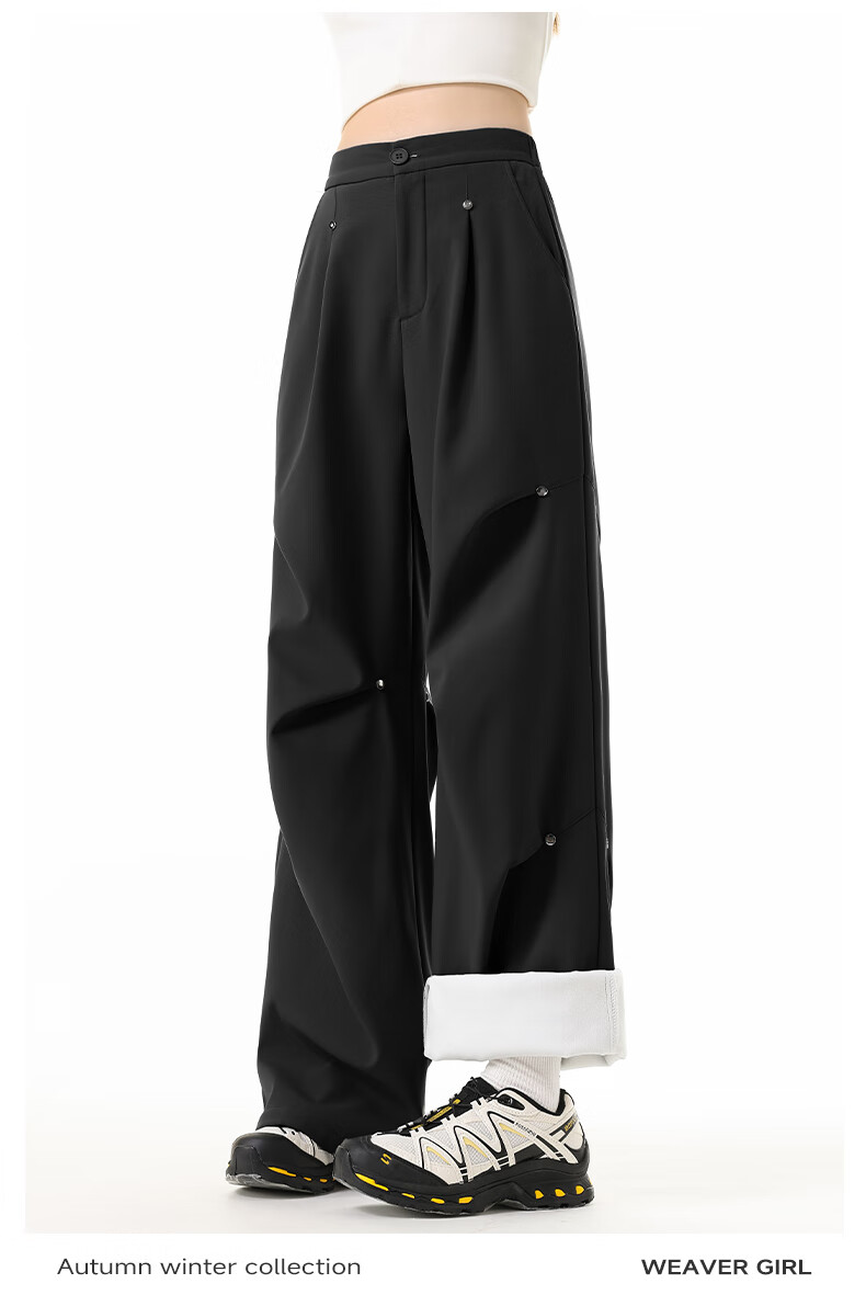 MJ STYLE Studded Work Pants for Women 2026 Winter New Fleece-Lined Warm Cool Wide-Leg Straight-Leg Paratrooper Casual Pants 3