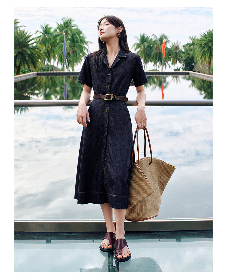 JUZII ANNAKOU Sea Salt Summer Elegant Commuter Slim Lightweight Denim Dress Summer Dark Blue XS 11