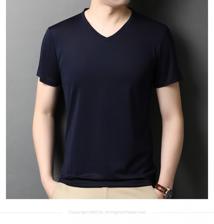 Romons Mulberry Silk Short Sleeve T-Shirt Men Summer V-Neck Solid Color Loose Fit Pure Silk Top Black M 5