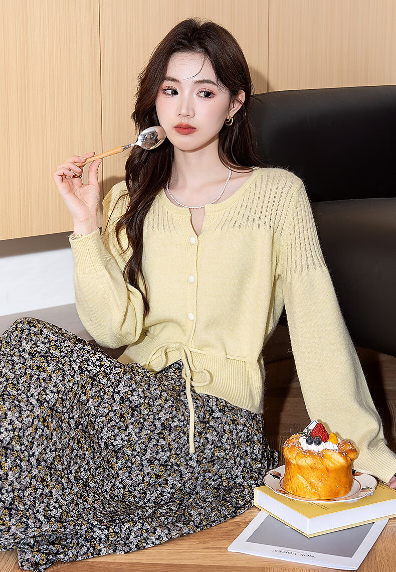 TonLion 2025 Autumn Winter Soft Style Waist Drawstring Women's Crew Neck Cardigan 2