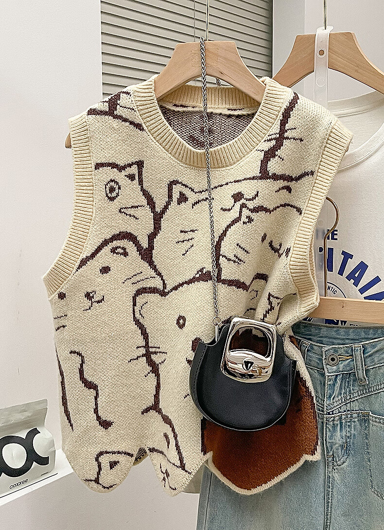TonLion 2025 Autumn Winter Fun Cartoon Pattern Wavy Women's Crew Neck Pullover Vest 2