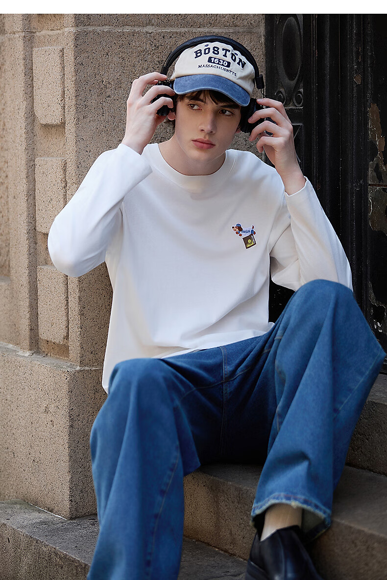 TonLion Spring And Autumn 2026 New Long-Sleeve T-Shirt for Men, Loose-Fitting Sausage Pattern Round Neck Top, Inner Layer Solid Color Undershirt 12