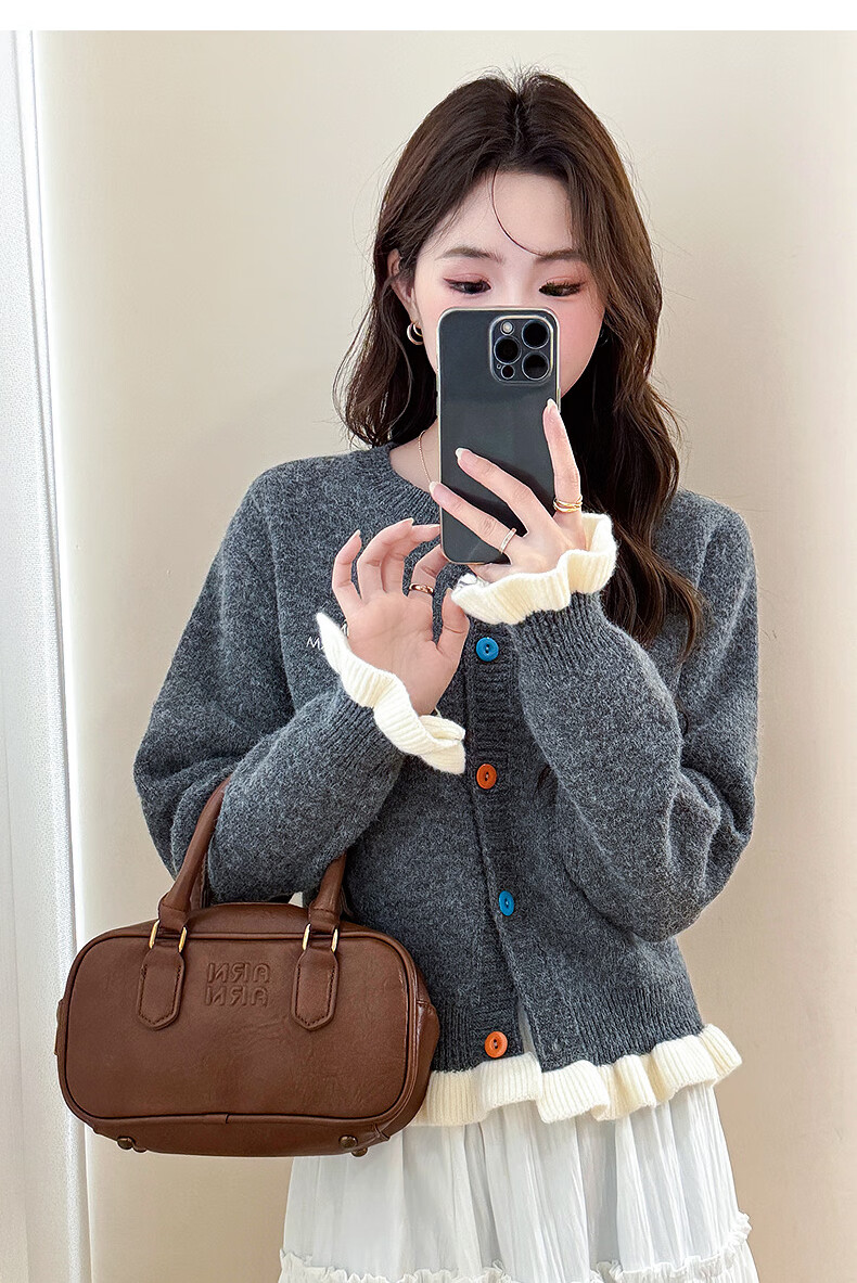 TonLion 2025 Autumn Winter Small Embroidery Color-Block Buttoned Women's Crew Neck Cardigan 6