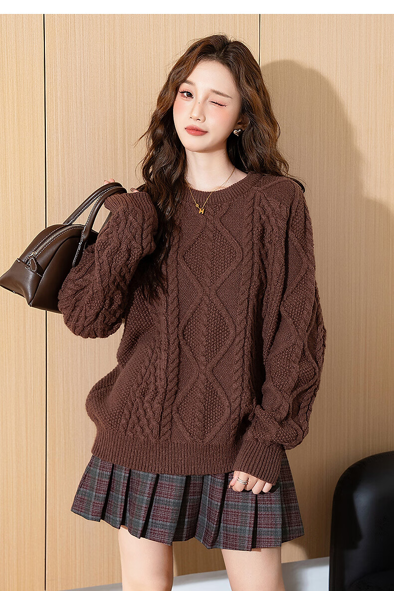 TonLion 2025 Autumn Winter Women's Crew Neck Solid Color Cable Knit Sweater 6