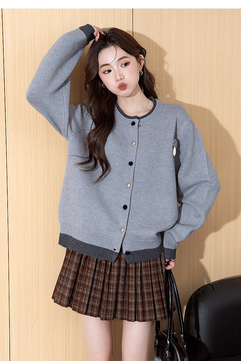 TonLion 2025 Autumn Winter Fun Trim Design Women's Faux Two-Piece Crew Neck Cardigan 6