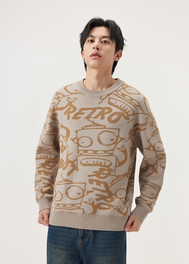 Gxg.jeans Men's Casual Loose Fit Sweater with Fun Pattern, Crew Neck Knitwear, Fall/Winter 2025 New, Black, Size 170/M 4